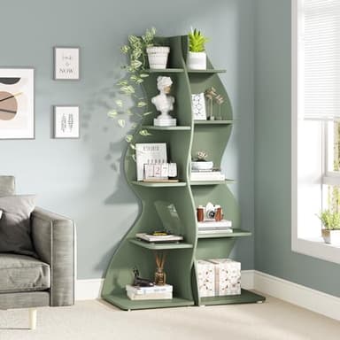 Tribesigns Corner Shelf, Modern 5-Tier Wall Corner Bookshelf, Stylish Corner Small Bookcase Storage Rack Plant Stand with Unique Shape for Living Room, Home Office (Sage Green, 1PC) - Image 4