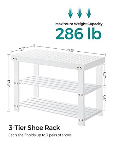 SONGMICS Shoe Rack Bench, 3-Tier Bamboo Shoe Storage Organizer, Entryway Bench, Holds Up to 286 lb, 11.3 x 27.6 x 17.8 Inches, for Entryway Bathroom Bedroom, Cloud White ULBS004W01 - Image 5