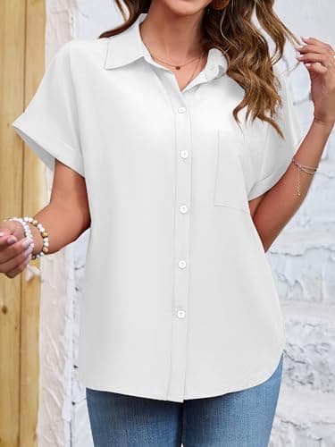 Poplab Womens Button Up Shirt Short Sleeve Collared Tops Office Casual Blouse Shirt(White,M) - Image 3