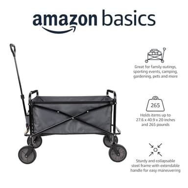 Amazon Basics Collapsible Folding Heavy Duty Utility Wagon for Outdoor Sports, 265 pounds Weight Capacity, Camping, Garden, and Shopping, 27.6 x 40.9 x 20 inches, Gray - Image 2