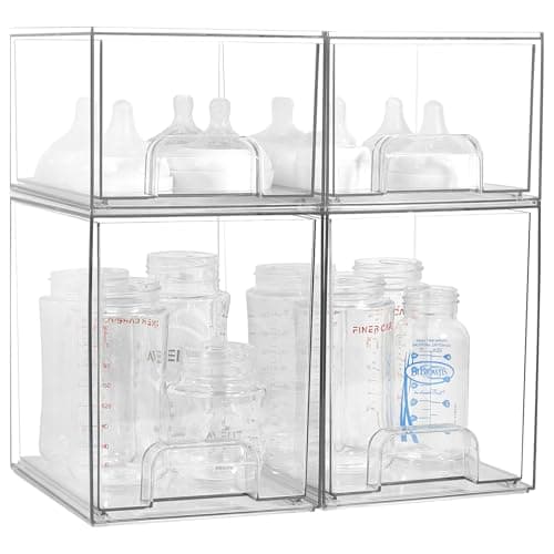 MINMUNJIU Baby Bottle Organizer, 4 Pack Clear Space-Saving Stackable Drawer with Handle, Baby Bottle Storage Organizer for Countertop and Cabinet - Image 1