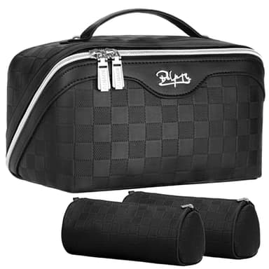 BOYATU Travel Makeup Bags for Women: Vegan Leather Cosmetic Bag Set of 3 - Large Capacity Make up Bag with Divider - Wide Open Waterproof Toiletry Organizer Bag with Handle (L13-Black) - Image 1