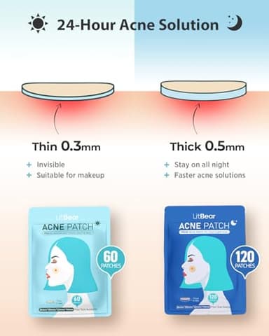 LitBear Acne Pimple Patches- Day and Night 4 Sizes 180 Dots Thin & Thick Hydrocolloid Patches with Witch Hazel, Tea Tree & Calendula Oil, Extra Adhesion for Face Zit Patch Dots - Image 2