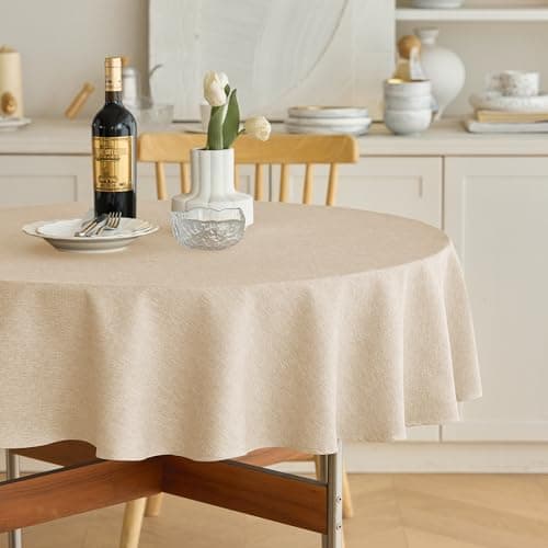 Decorelia Faux Linen Round Table Cloth 60 inch, Waterproof Decorative Fabric Anti-Scratch Texture Round Tablecloth Cover for Dining, Kitchen & Outdoor Table (60 Inch, Round (2-4 Seats), Beige) - Image 1