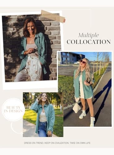 Dokotoo School Outfits for Teachers Early Fall Fashion Soft Cuffed Sleeve Corduroy Collar Shirts Teacher Outfits for Women Trendy Fall Clothes Long Plus Size Button Down Blouse Tops XL Green - Image 5