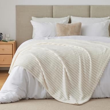 BEDELITE Twin Blanket for Couch & Bed, 300GSM Soft & Warm Fleece Blanket, Decorative and Giftable Striped Cream White Blankets for Women, Men, 60"x80" - Image 8