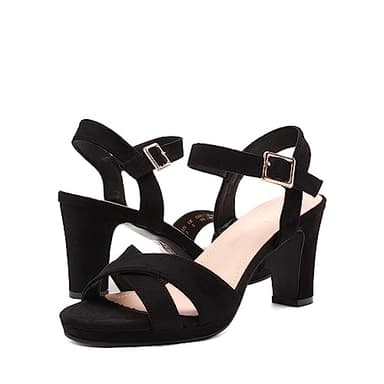 DREAM PAIRS Women's Chunky Heels Open Toe Ankle Strap Sparkly Heels Pump Sandals,Size 6.5,Black/Suede,ICE-1 - Image 4