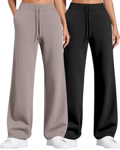 Locoowai 2 Pack Women Sweatpants Drawstring Waist Loose Yoga Baggy Joggers Casual Wide Leg Pants with Pockets(Medium,Black, Brown) - Image 1