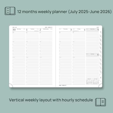 POPRUN Planner 2025-2026 (Medium - 6.5'' x 8.5'') Academic Weekly Calendar (July 2025 - June 2026) with Hourly Time Slots, Monthly Tabs, 100GSM Thick Papers, Leather Soft Cover - Brown - Image 3