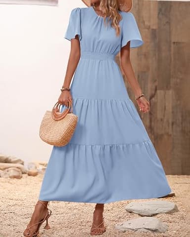 PRETTYGARDEN Women's Summer Casual Short Flutter Sleeve Round Neck Smocked Waist Tiered Boho Floral Flowy Maxi Dress(Solid Sky Blue,Medium) - Image 7