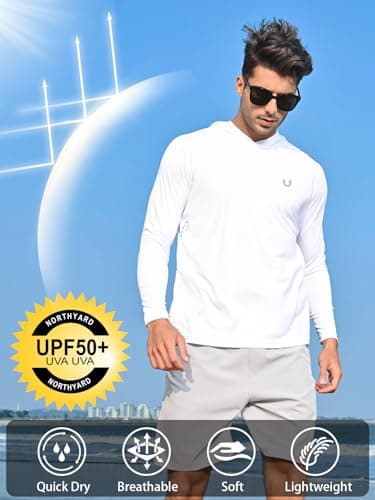 NORTHYARD Men's UPF 50+ Hoodie Shirts Long Sleeve Sun Protection Fishing Swim Beach UV SPF Rash Guard Quick Dry Lightweight White L - Image 2