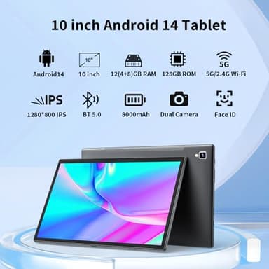 Android 14 Tablet with Keyboard - 10 inch Tablet, 12GB RAM, 128GB ROM (1TB Expand), 5G/2.4G WiFi, 8000mAh, BT 5.0, GMS Certified, with Mouse, Case, Stylus, Support Split screen, Face ID(Black Case) - Image 2