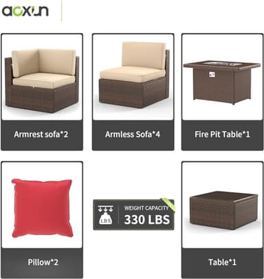 Aoxun 8PCS Patio Furniture Set with 40" Fire Pit Table Outdoor Sectional Sofa Sectional Wicker Furniture Set with Coffee Table for Patio Garden(8 PCS Brown) - Image 7