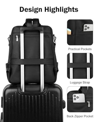 FADEON Laptop Backpack for Women Leather Travel Backpack with Laptop Compartment, Designer PU Shoulder Laptop Bag Black - Image 6