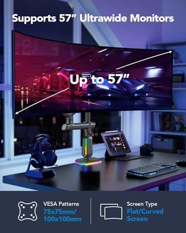HUANUO RGB Heavy Duty Monitor Arm for Ultrawide Screens up to 57", Holds 44 lbs, Tall Ultrawide Monitor Stand with 29.1" Max Height, Fully Adjustable Single Computer Desk Mount, Max VESA 100x100mm - Image 2