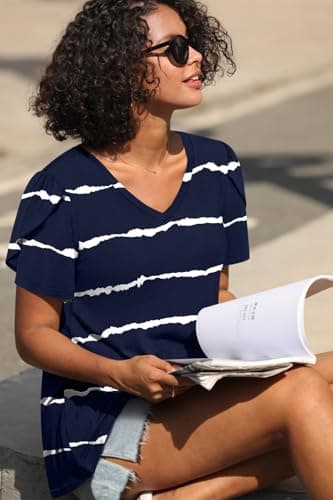 CATHY Womens Tops Summer Casual Short Sleeve V-Neck Blouses Tunic for Leggings 2025 Navy Blue Stripe Large - Image 2