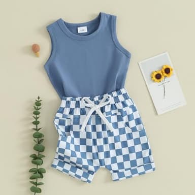 Kupretty Baby Boy Summer Clothes Sleeveless Tank Tops Vest T-Shirt + Casual Checkerboard Shorts Toddler Outfits Set (Checkered Shorts-Blue, 6-12 Months) - Image 6