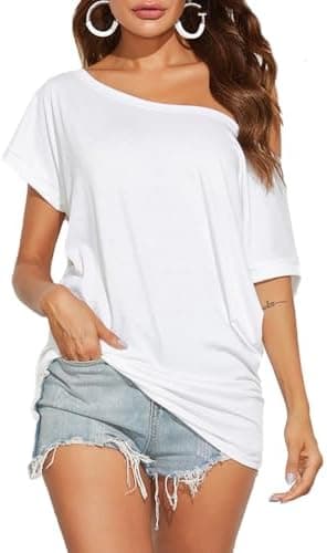 Poetsky Women's Summer Off Shoulder Shirts Casual Loose Short Sleeve Tunics Tops - Image 3