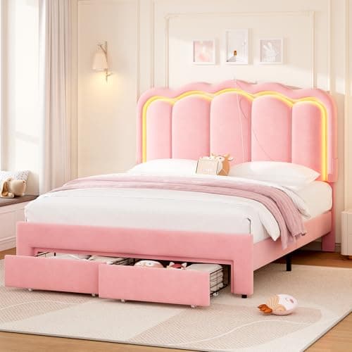 Queen Upholstered LED Bed Frame with 2 Storage Drawers and Adjustable Chic Double Wavy Headboard, Velvet Princess Platform Bed with Charing Station, Solid Wood Slats Support,No Box Spring Needed, Pink - Image 1