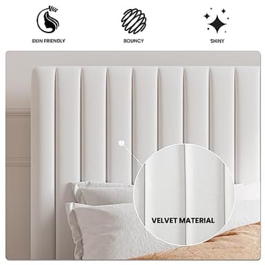 SHA CERLIN Queen Upholstered Platform Bed Frame with Vertical Channel Tufted Velvet Fabric Adjustable Headboard, Wooden Slats Support, Mattress Foundation, Box Spring Optional, White - Image 6