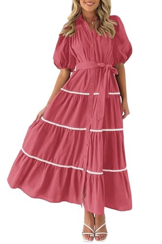 PRETTYGARDEN Women's Summer Button Down Shirt Dress Short Puffy Sleeve Tiered Ruffle Flowy Long Maxi Dresses (Dusty Pink,Medium) - Image 1