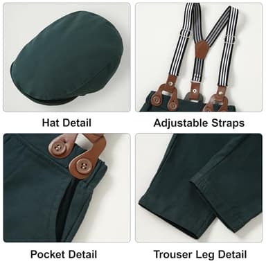 YALLET Baby Boy Clothes Suit, Infant Gentleman Outfits Printed Dress Shirt+Bowtie+Beret Hat+Detachable Suspender Pants 0-18M - Image 5