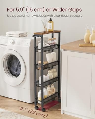 VASAGLE Slim Rolling Cart, 5-Tier Storage Cart, Narrow Carts with Handle, 5.1 Inches Deep, Metal Frame, for Kitchen, Dining Room, Living Room, Home Office, Rustic Brown and Classic Black ULRC034B01 - Image 3