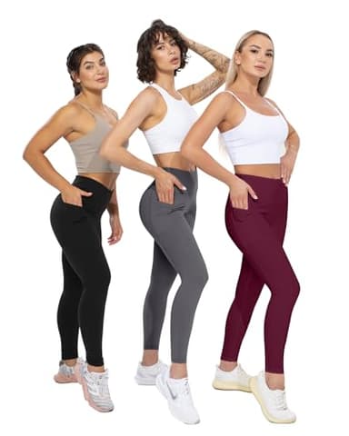 CHRLEISURE Leggings with Pockets for Women, High Waisted Tummy Control Workout Yoga Pants(3Packs Black,Gray,Wine, XS) - Image 5