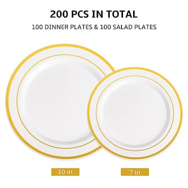 AOZITA 200 Pcs Gold Plastic Plates for Party, Heavy Duty Disposable Plastic Plates for Party, Holiday, Wedding, Thanksgiving and Birthday - Image 2