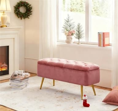 Yaheetech Ottoman with Storage, Velvet Entryway Bench with Safety Hinge, Upholstered Bench with Seating for Bedroom, Living Room, Holds up to 519 lb, Pink - Image 5