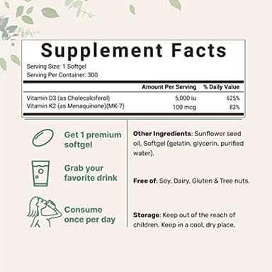 Micro Ingredients Vitamin D3 5,000 IU + K2 MK-7 100 mcg, 2 Pack (600 Softgels) | Liquid-Filled with Sunflower Oil | 2-in-1 Bone, Immune & Heart Support | Easy to Swallow, Non-GMO - Image 2