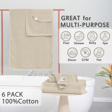 VOOVA & MOVAS Bath Towel Sets - 100% Cotton | Quick Dry | Light Weight | Thick | Soft, Beige Towels Set of 6, 2 Large Bath 30" x 56", 2 Hand 18" x 28", 2 Washcloths 13" x 13", Tan Towel Gift Set - Image 3