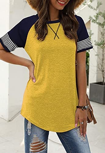 Adibosy Women Summer Casual Shirts: Short Sleeve Striped Tunic Tops - Womens Color Block Tee Tshirt Blouses Yellow XL - Image 3