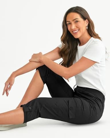 GRAPENT Pants for Women Womens Cargo Pants with Pockets Women Summer Clothes Short Pants for Women Lounge Pants Elastic Waist Women's Capris and Cropped Pants Color Black Large Size 12 Size 14 - Image 6