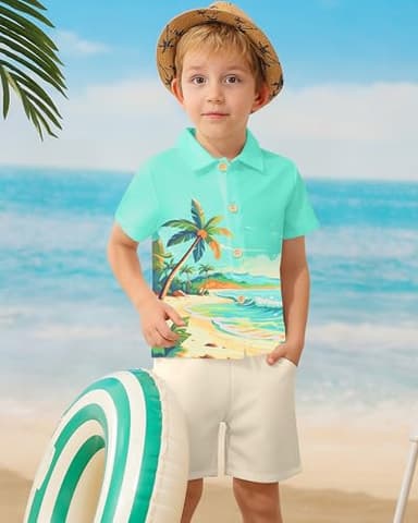 Coco&RARA Toddler Boy Clothes Baby Flamingo Hawaiian Outfits Short Sleeve Shirt + Elastic Waist Shorts Summer Beach Set(Coconut tree + Khaki, 3-4T) - Image 3