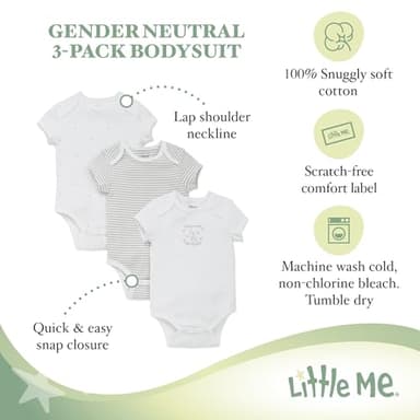 Little Me Baby Boys 3-pack 100% Cotton Scratch Free Tag Onesies, White Print, Newborn US - Image 4