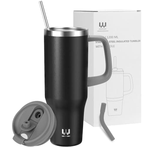 40 oz Insulated Tumbler with Handle, Stainless Steel Straw and silicone sleeves, Leakproof Travel Mug for Water, Iced Tea or Coffee, Insulated Cup Gifts for Women & Men, Black - Image 1