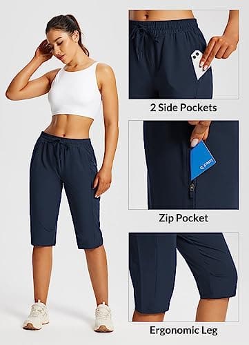 baleaf Women's 15" Long Hiking Capri Below The Knee Quick Dry Cargo Shorts UPF 50 Lightweight Zip Pocket Elastic Waist Dark Blue 2XL - Image 3