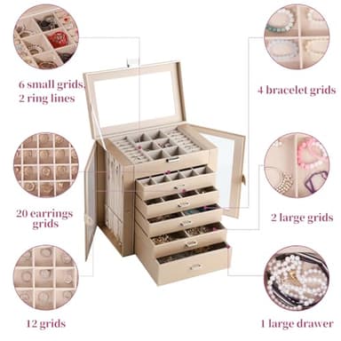CIIGIO 6 Layer Large Jewelry Boxes With Mirror，Multifunctional 5 Drawers Jewelry Box Organizer with 2 Glass Door for Necklace Organizing (Champagne) - Image 5