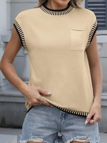 AFVETUT Womens Cap Sleeve Knit Sweater Sleeveless Vest 2025 Summer Spring Mock Neck Casual Pullover Tank Tops Shirts Apricot - Image 4