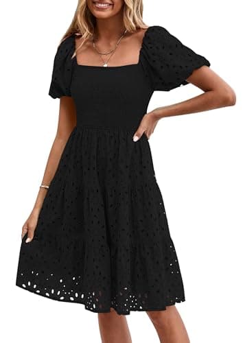 PRETTYGARDEN Womens Summer Puff Sleeve Mini Dress Off Shoulder Eyelet Smocked A Line Casual Babydoll Short Dresses (Black,Medium) - Image 1