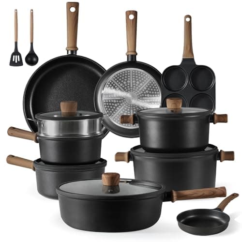 CAROTE Nonstick Kitchen Cookware Sets, Non stick Pots and Pans set, Induction Cookware Set 17pcs Black - Image 1