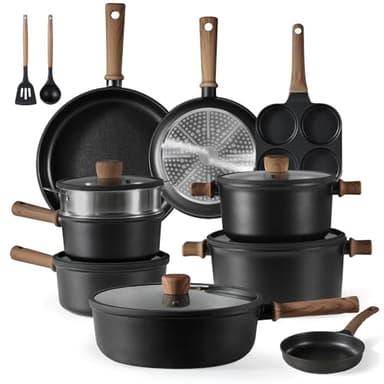 CAROTE Nonstick Kitchen Cookware Sets, Non stick Pots and Pans set, Induction Cookware Set 17pcs Black - Image 1