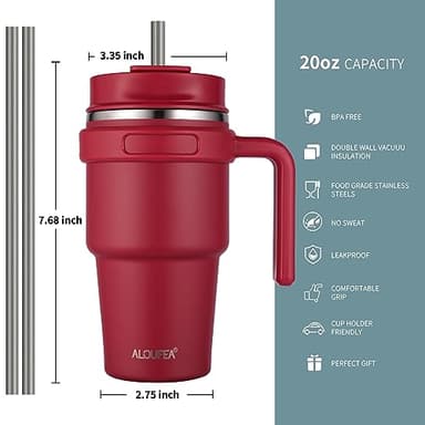 ALOUFEA 20 oz Insulated Coffee Mug Tumbler with Handle, Stainless Steel Travel Mug Tumbler with Lid and Straw,Double Wall Vacuum Leak Proof Ice Coffee Thermal Cup, Red - Image 2