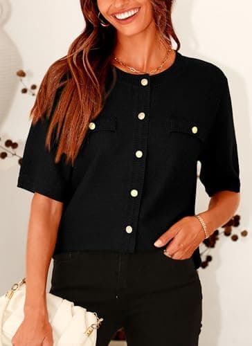 PRETTYGARDEN Women's Summer Button Down Shirts Casual Short Sleeve Crew Neck Ribbed Knit Blouse Top Cardigans (Black,Medium) - Image 6