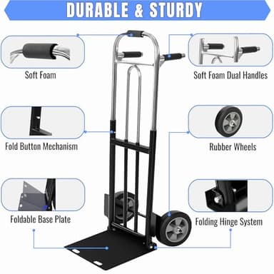 IRONPOW Folding Hand Truck Dolly - 600 LB Capacity, Heavy-Duty Wheels and Compact Design for Moving Heavy Loads in Warehouses, Offices, Homes, and Shopping - Image 3