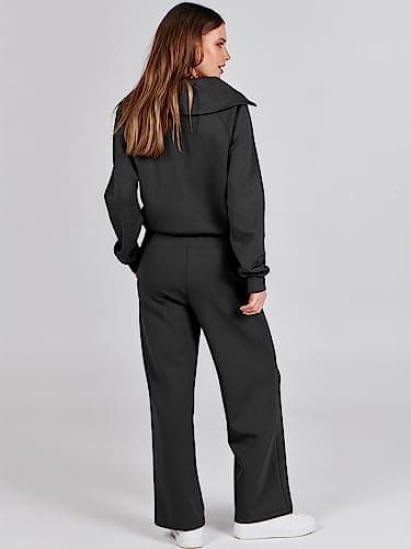 ANRABESS Women 2 Piece Outfits 2025 Fall Fashion Airport Wide Leg Pants Lounge Set Leisure Travel Vacation Clothes Sweatsuits Black Small - Image 4