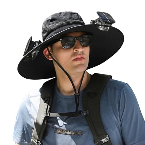 Outdoor Wide Brim Sun Hat with 2 Solar Fan Sun Bucket Hat for Men Women UPF 50+ Bucket Fishing & Beach Hat with Fan Built in (US, Alpha, Medium, XX-Large, Black) - Image 1