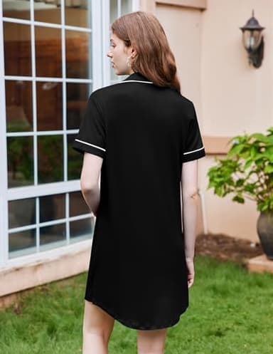 Ekouaer Nightgowns for Women Button Down Nightshirt Short Sleeve V Neck Nightdress Classic Boyfriend Sleepshirt Black S - Image 3