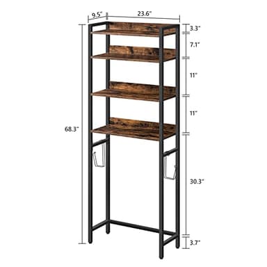 MAHANCRIS Over The Toilet Storage Rack, 4 Tier Bathroom Organizer Over Toilet, Freestanding Space Saver Toilet Stand with 2 Hooks, Bathroom Storage Shelf, Easy to Assemble, Rustic Brown TSHR0401Z - Image 2